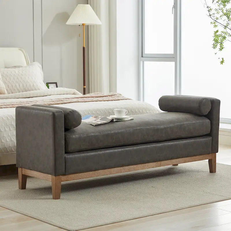 Modern Upholstered Bedroom Bench with Bolster Cushions and Wood Legs