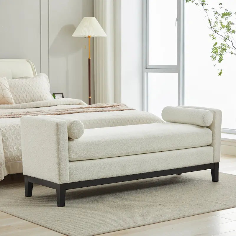 Modern Upholstered Bedroom Bench with Bolster Cushions and Wood Legs