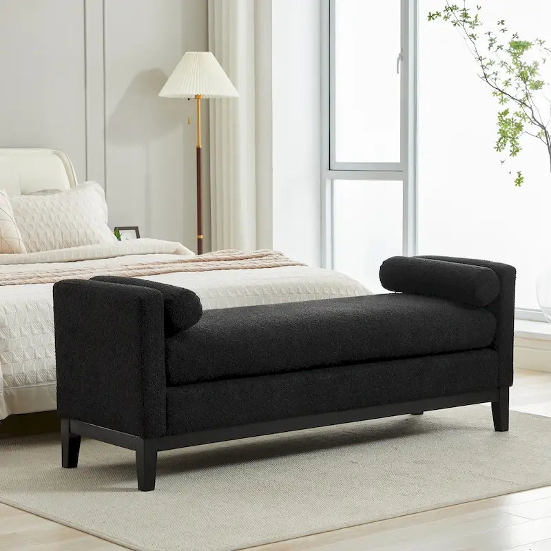 Modern Upholstered Bedroom Bench with Bolster Cushions and Wood Legs