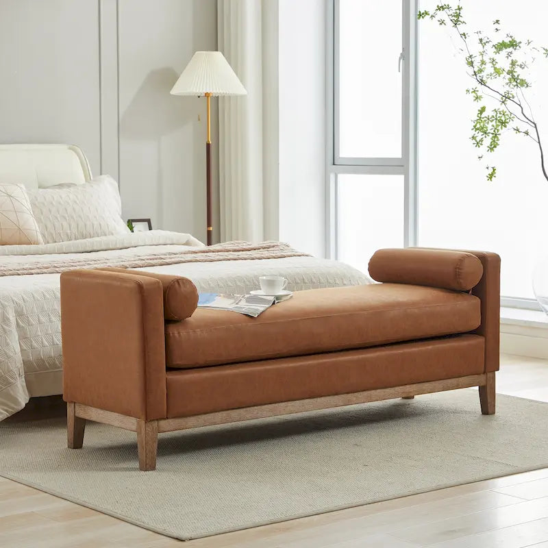 Modern Upholstered Bedroom Bench with Bolster Cushions and Wood Legs