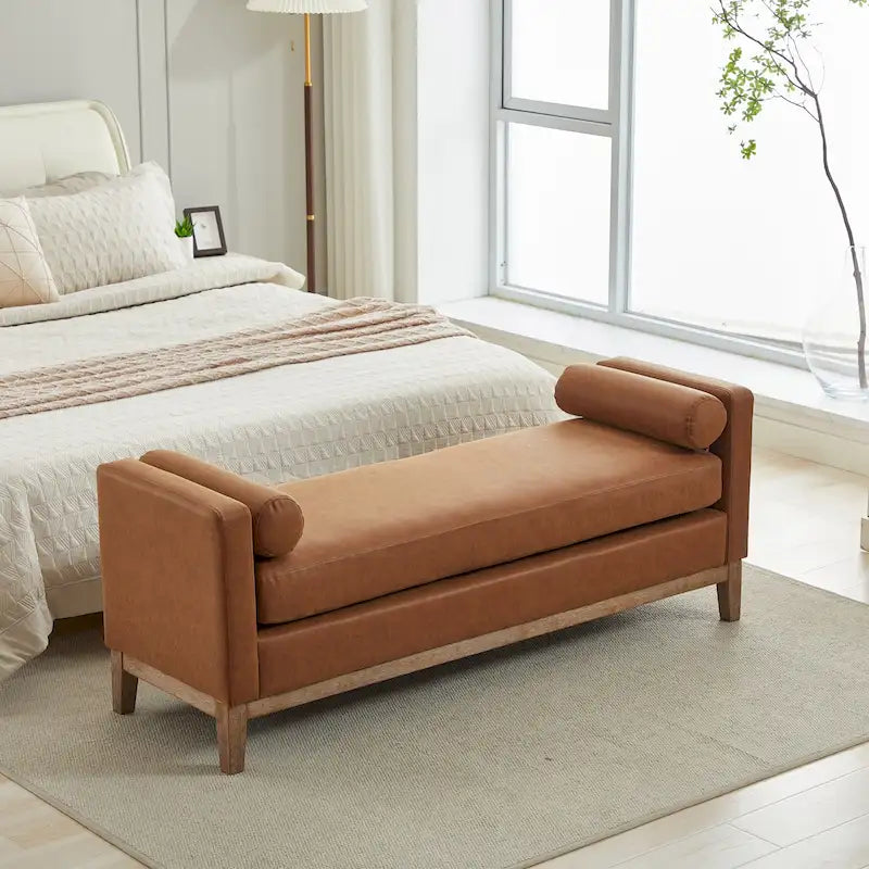 Modern Upholstered Bedroom Bench with Bolster Cushions and Wood Legs