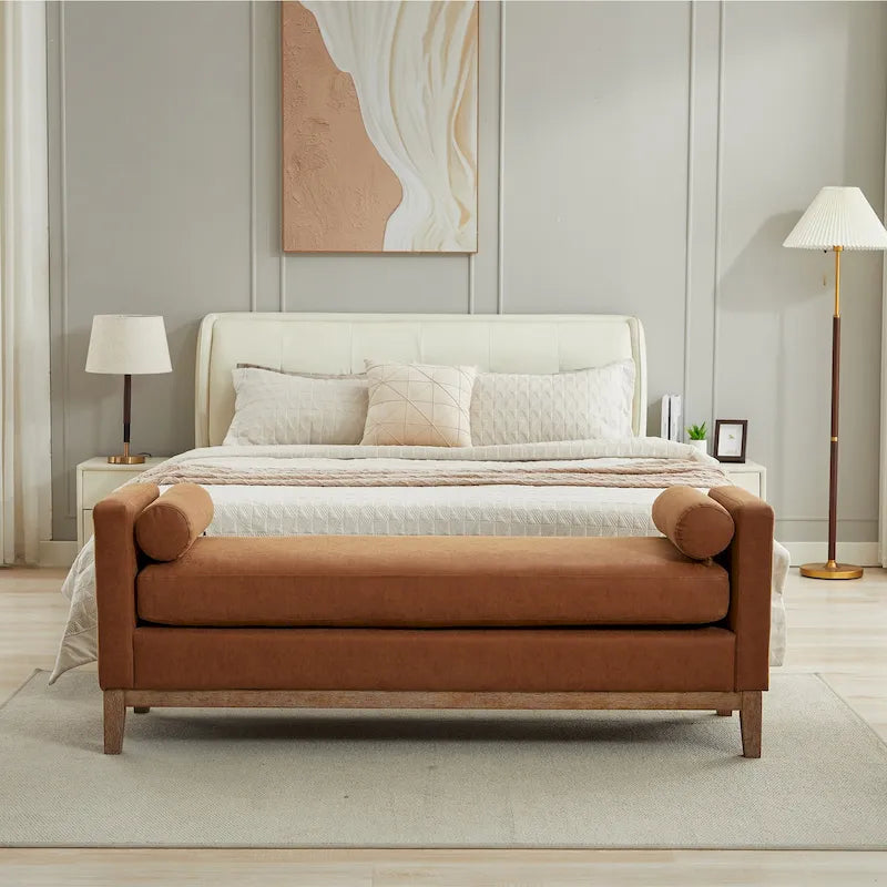 Modern Upholstered Bedroom Bench with Bolster Cushions and Wood Legs