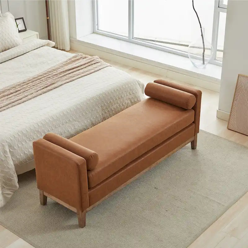 Modern Upholstered Bedroom Bench with Bolster Cushions and Wood Legs