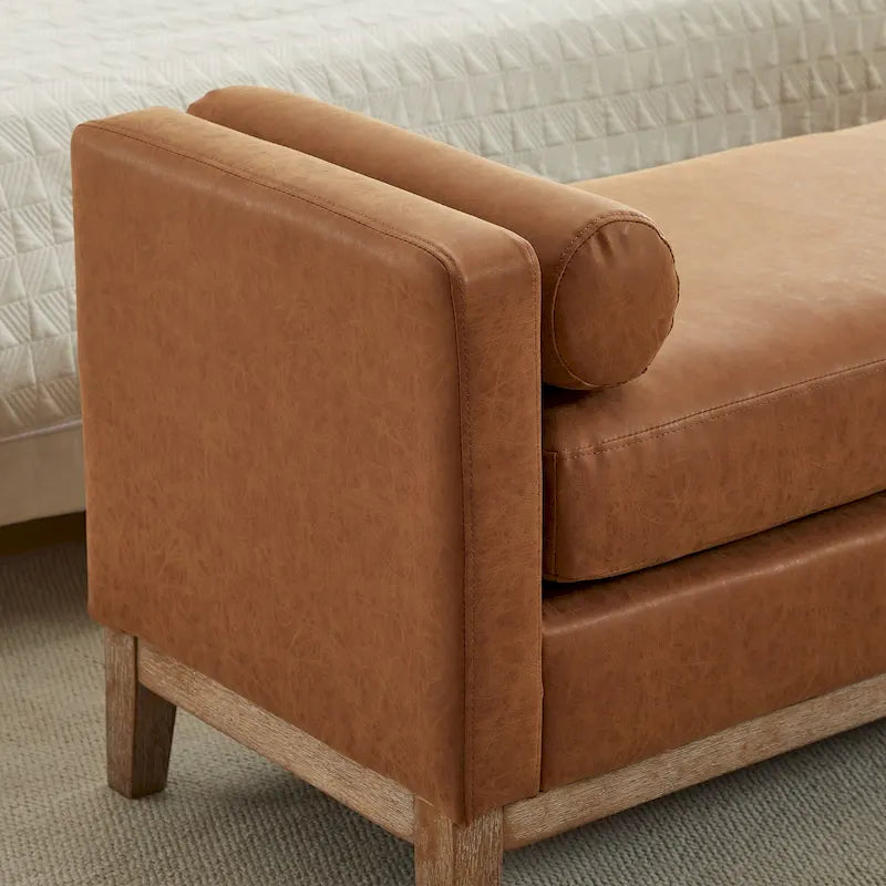 Modern Upholstered Bedroom Bench with Bolster Cushions and Wood Legs