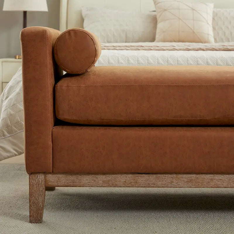 Modern Upholstered Bedroom Bench with Bolster Cushions and Wood Legs