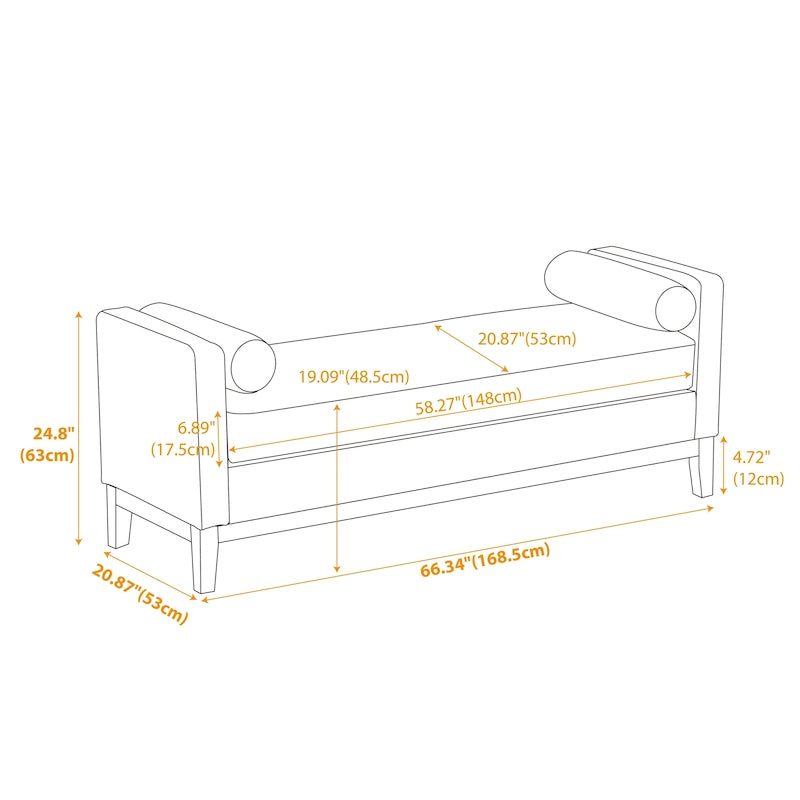 Modern Upholstered Bedroom Bench with Bolster Cushions and Wood Legs