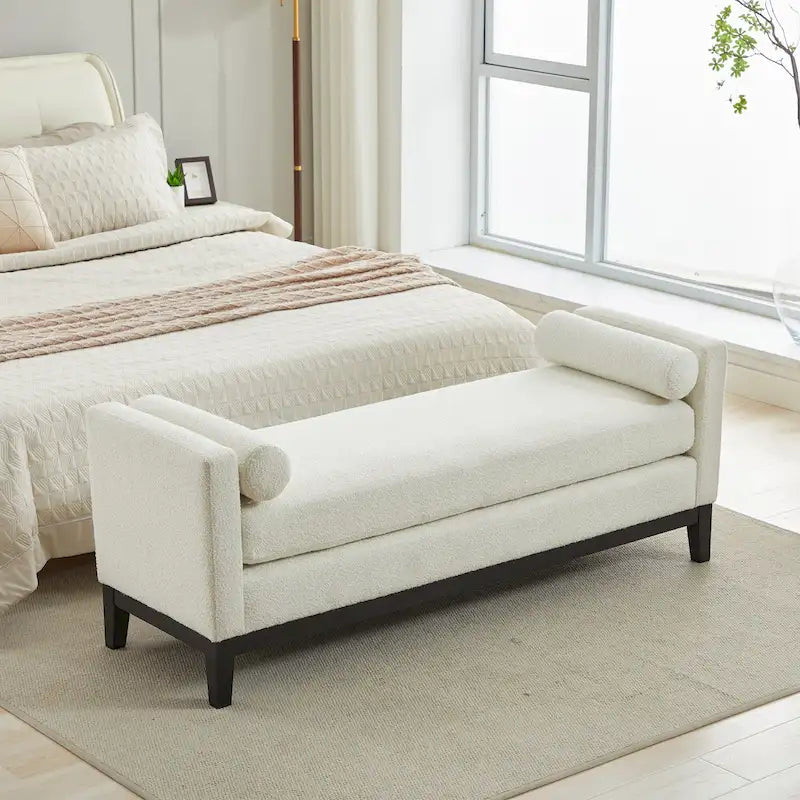 Modern Upholstered Bedroom Bench with Bolster Cushions and Wood Legs
