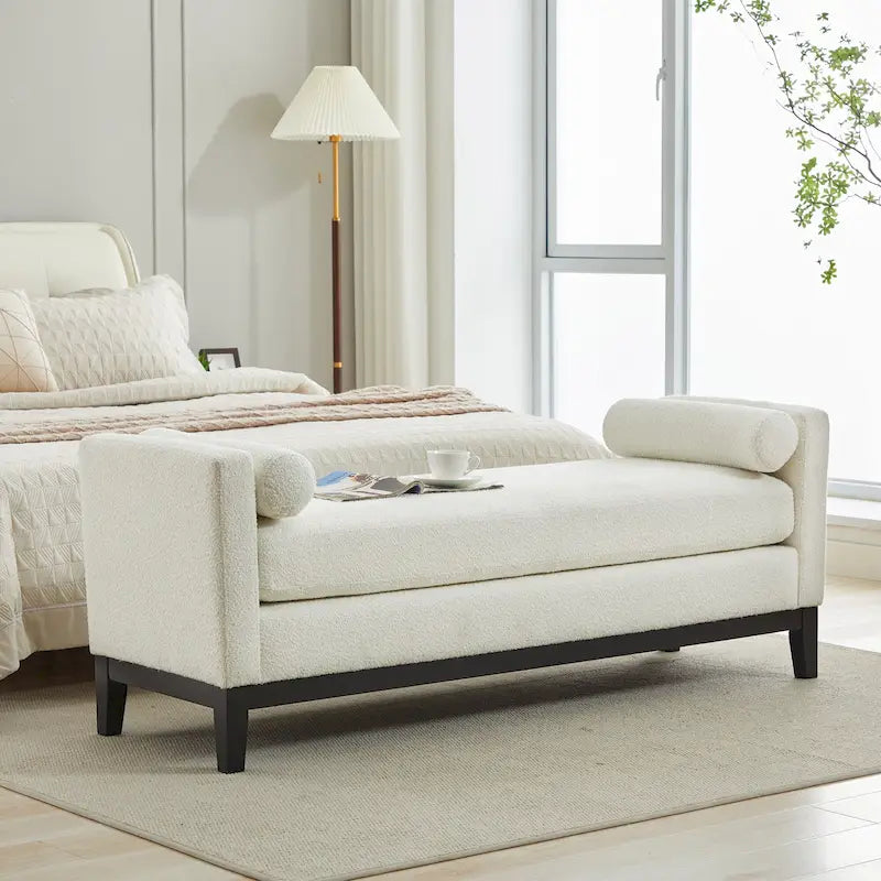 Modern Upholstered Bedroom Bench with Bolster Cushions and Wood Legs