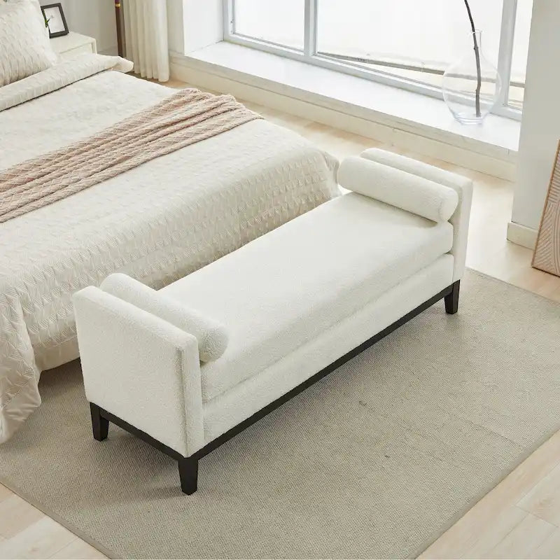 Modern Upholstered Bedroom Bench with Bolster Cushions and Wood Legs