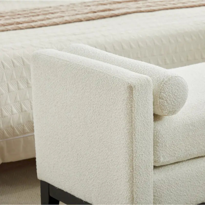 Modern Upholstered Bedroom Bench with Bolster Cushions and Wood Legs