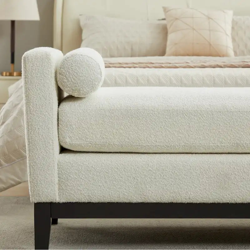 Modern Upholstered Bedroom Bench with Bolster Cushions and Wood Legs