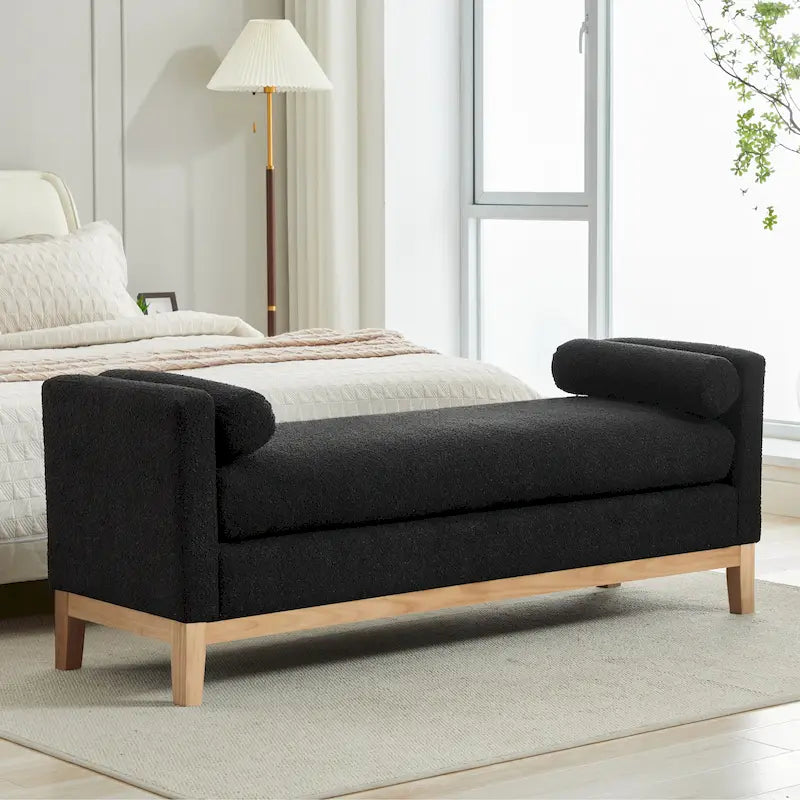Modern Upholstered Bedroom Bench with Bolster Cushions and Wood Legs