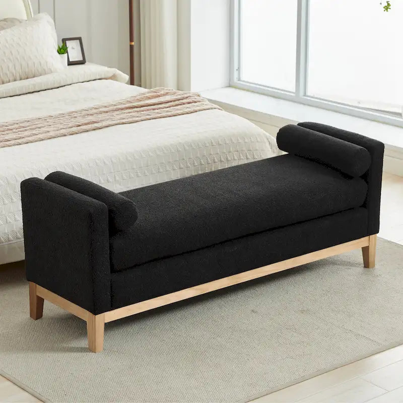 Modern Upholstered Bedroom Bench with Bolster Cushions and Wood Legs