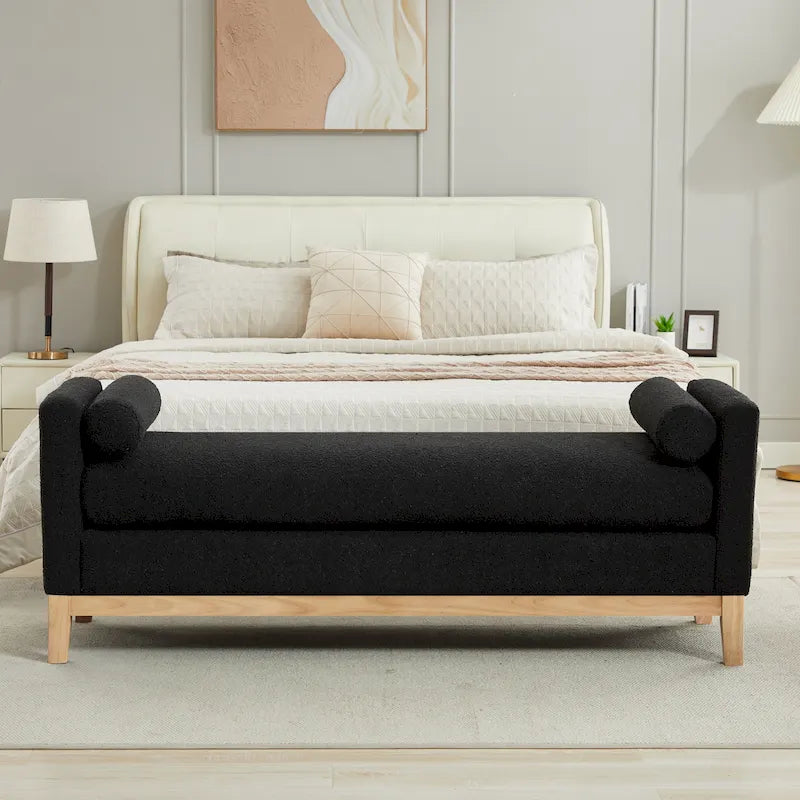 Modern Upholstered Bedroom Bench with Bolster Cushions and Wood Legs