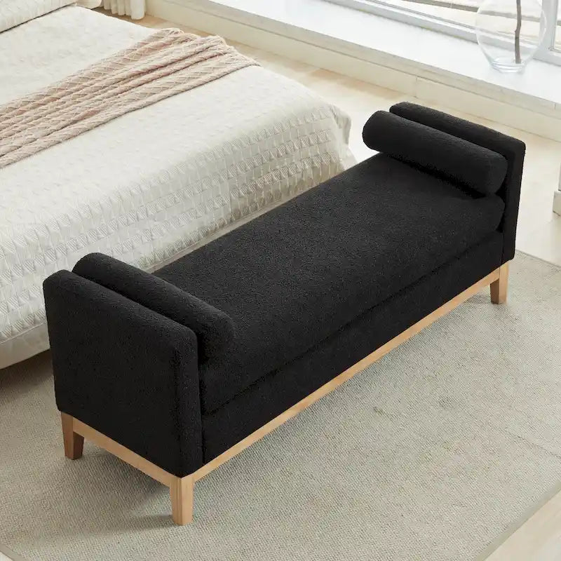 Modern Upholstered Bedroom Bench with Bolster Cushions and Wood Legs