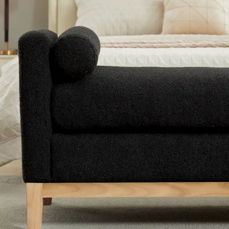 Modern Upholstered Bedroom Bench with Bolster Cushions and Wood Legs
