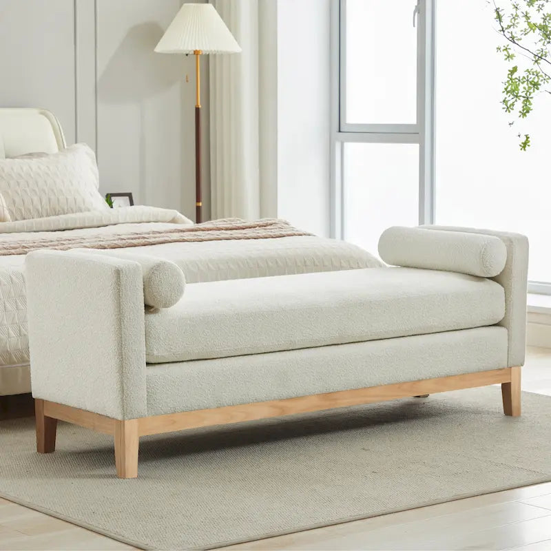 Modern Upholstered Bedroom Bench with Bolster Cushions and Wood Legs