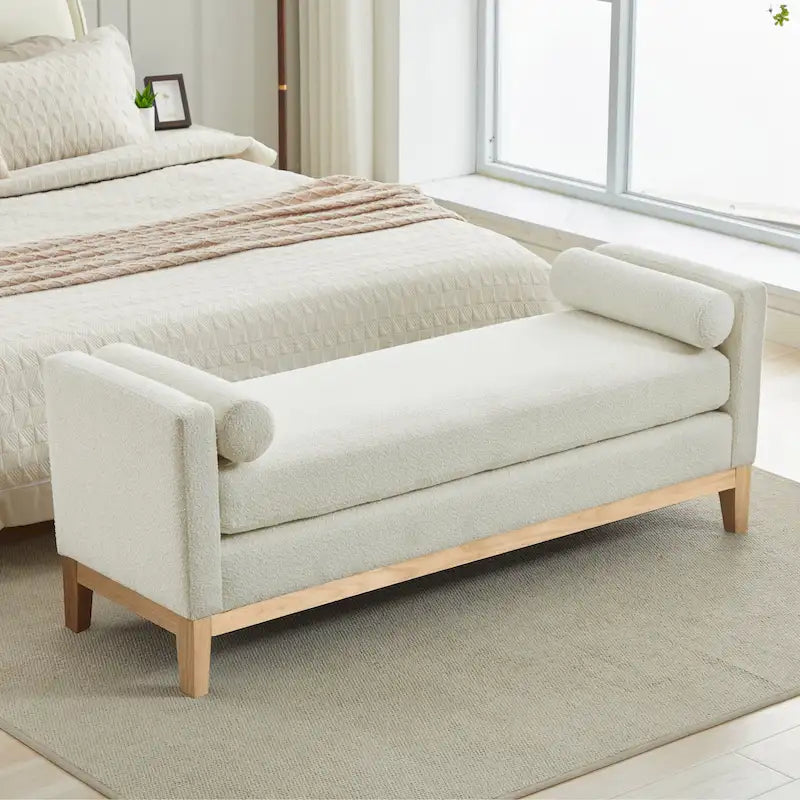 Modern Upholstered Bedroom Bench with Bolster Cushions and Wood Legs