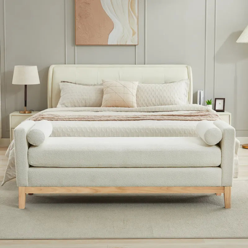 Modern Upholstered Bedroom Bench with Bolster Cushions and Wood Legs