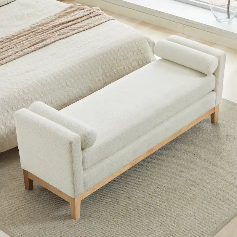 Modern Upholstered Bedroom Bench with Bolster Cushions and Wood Legs