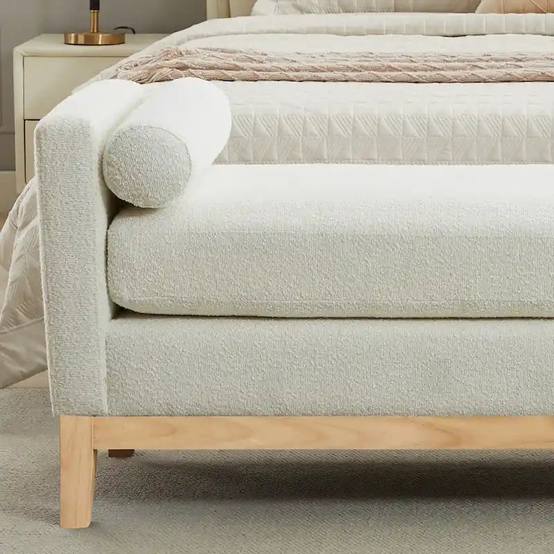 Modern Upholstered Bedroom Bench with Bolster Cushions and Wood Legs