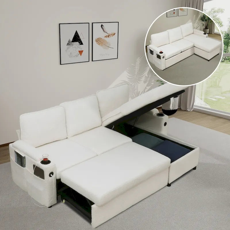 Modern Fabric Upholstered Sleeper Sofa with Pull-Out Bed and Storage