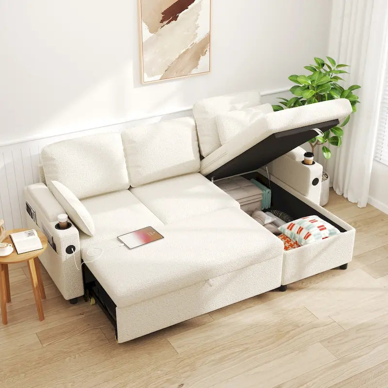 Modern Fabric Upholstered Sleeper Sofa with Pull-Out Bed and Storage