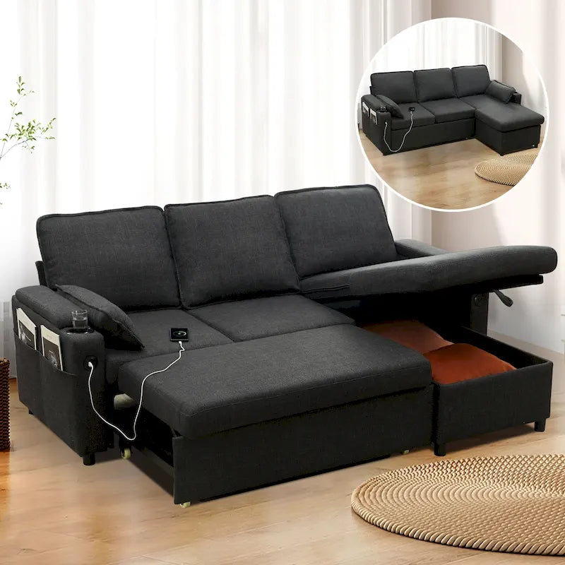 Modern Fabric Upholstered Sleeper Sofa with Pull-Out Bed and Storage