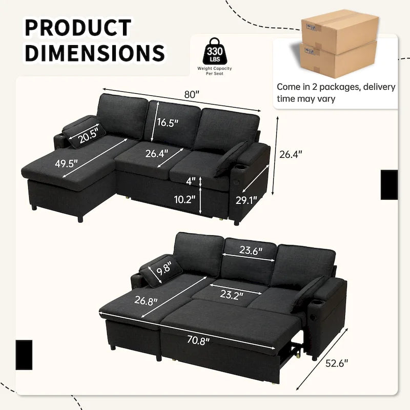 Modern Fabric Upholstered Sleeper Sofa with Pull-Out Bed and Storage