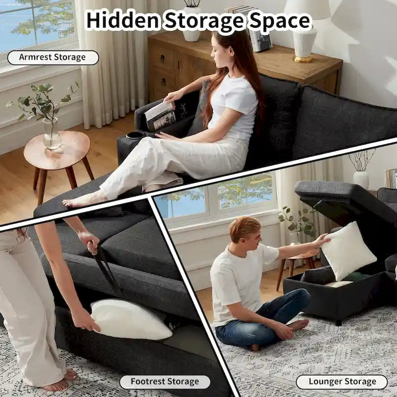 Modern Fabric Upholstered Sleeper Sofa with Pull-Out Bed and Storage