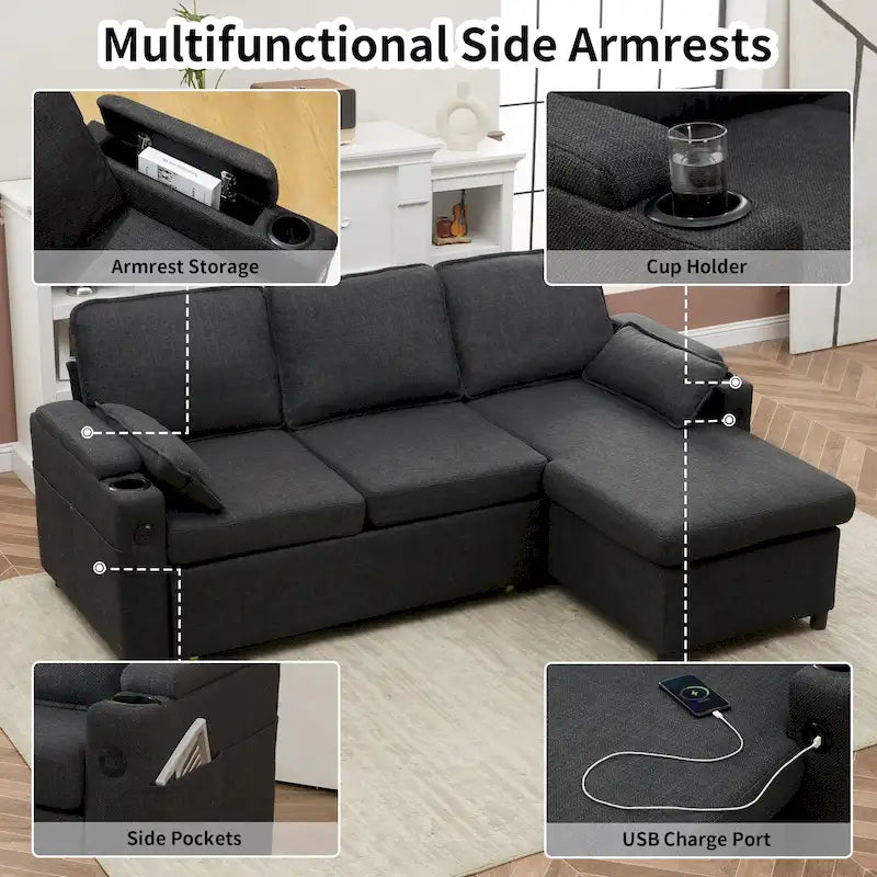 Modern Fabric Upholstered Sleeper Sofa with Pull-Out Bed and Storage