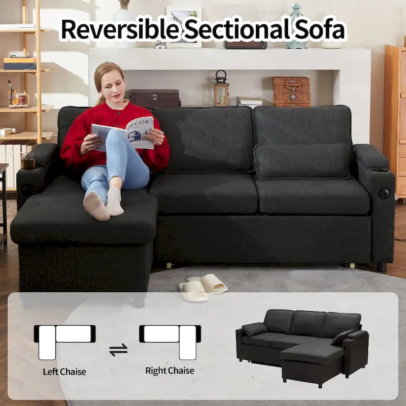 Modern Fabric Upholstered Sleeper Sofa with Pull-Out Bed and Storage