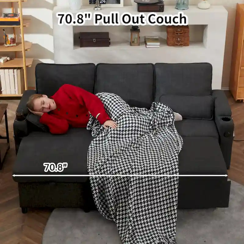 Modern Fabric Upholstered Sleeper Sofa with Pull-Out Bed and Storage