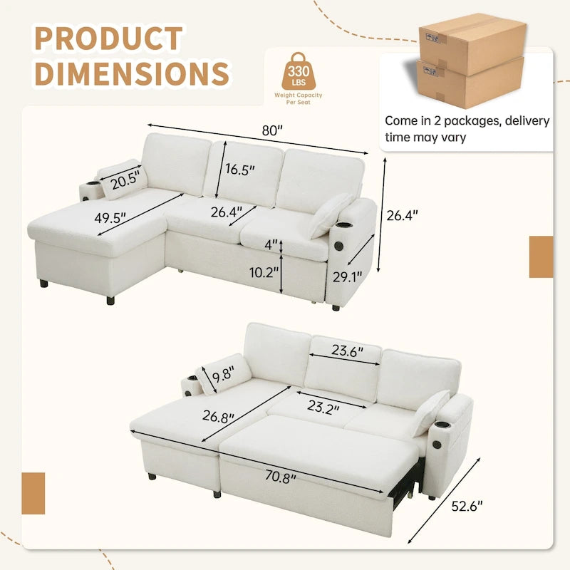 Modern Fabric Upholstered Sleeper Sofa with Pull-Out Bed and Storage