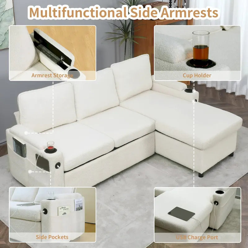 Modern Fabric Upholstered Sleeper Sofa with Pull-Out Bed and Storage