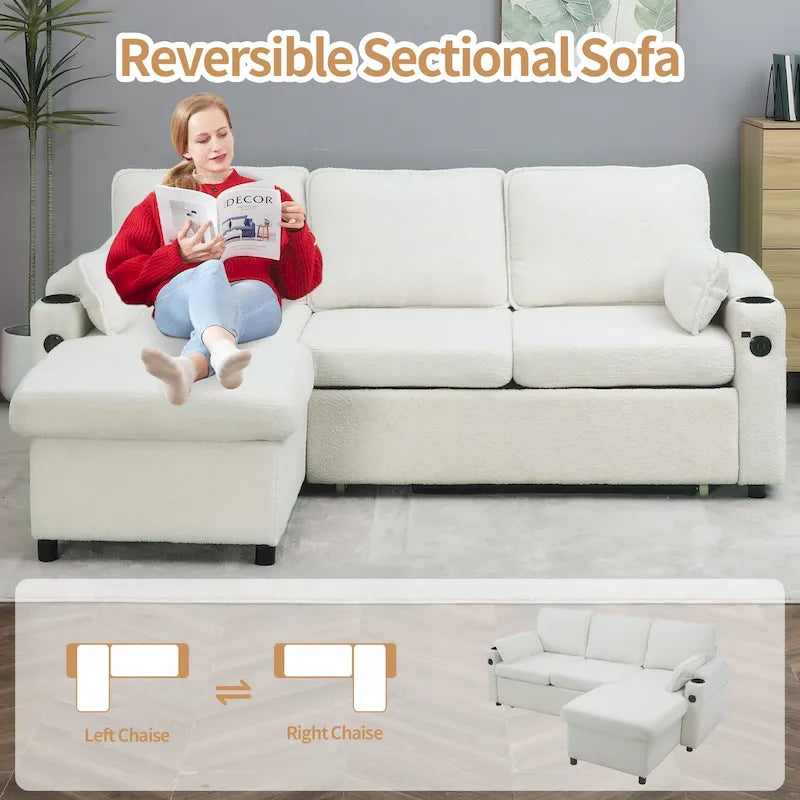 Modern Fabric Upholstered Sleeper Sofa with Pull-Out Bed and Storage