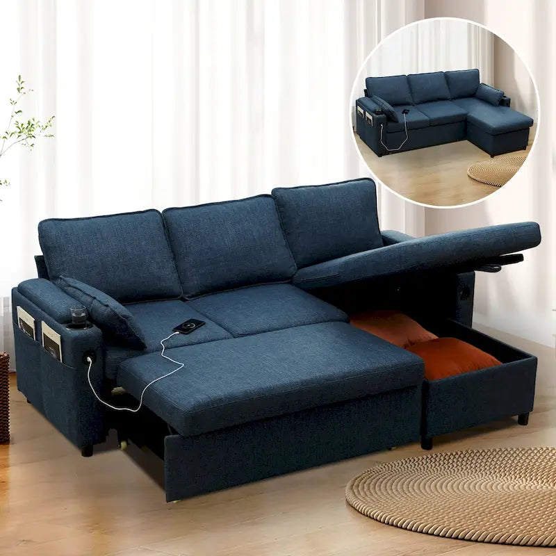 Modern Fabric Upholstered Sleeper Sofa with Pull-Out Bed and Storage