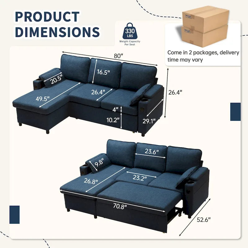 Modern Fabric Upholstered Sleeper Sofa with Pull-Out Bed and Storage
