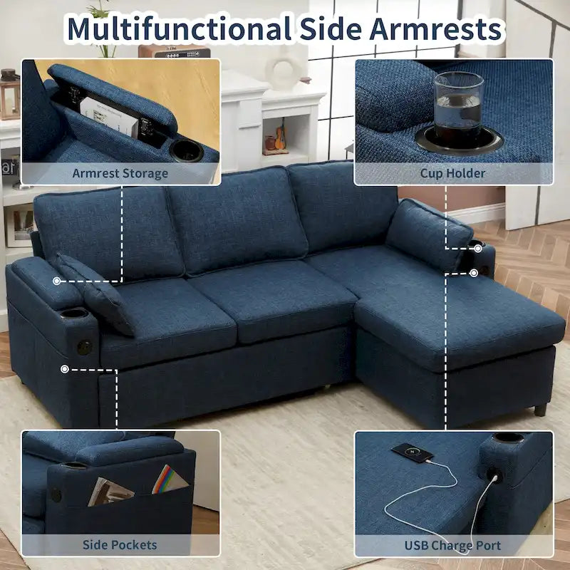 Modern Fabric Upholstered Sleeper Sofa with Pull-Out Bed and Storage