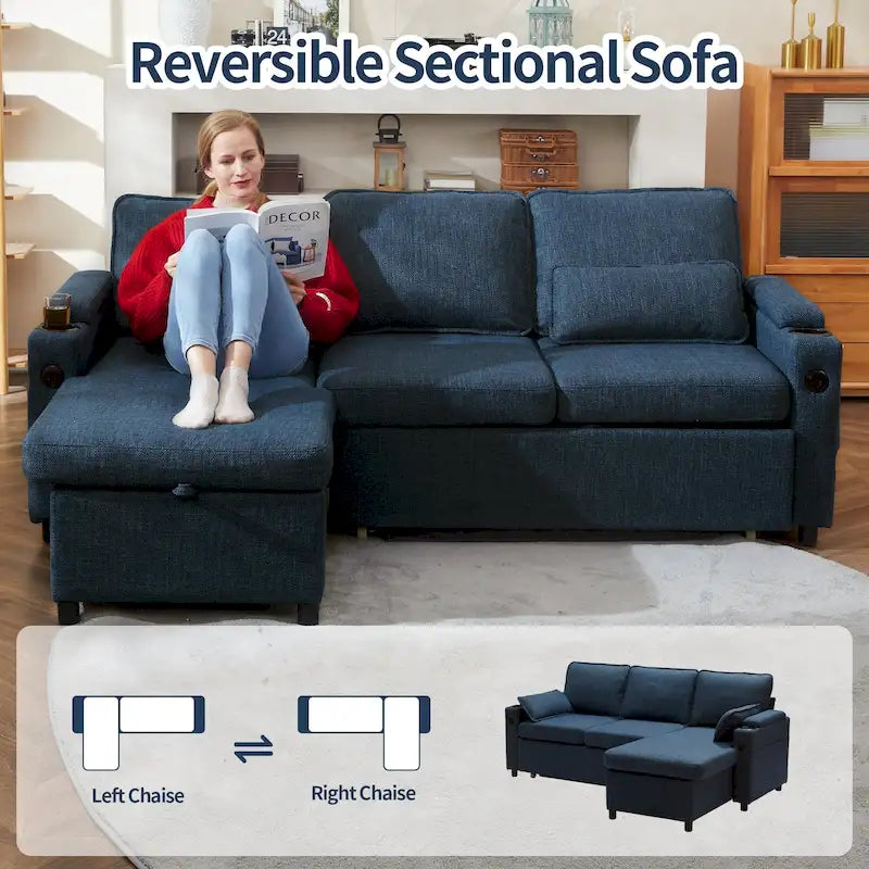 Modern Fabric Upholstered Sleeper Sofa with Pull-Out Bed and Storage