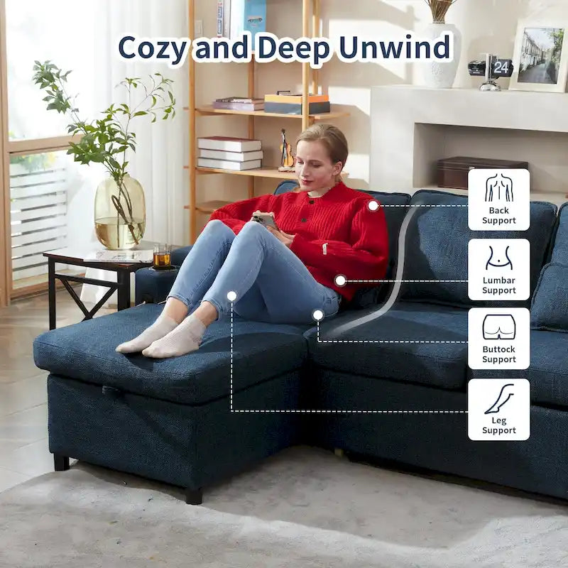 Modern Fabric Upholstered Sleeper Sofa with Pull-Out Bed and Storage