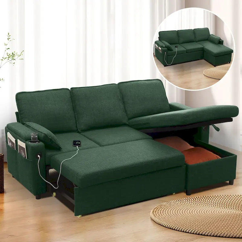 Modern Fabric Upholstered Sleeper Sofa with Pull-Out Bed and Storage