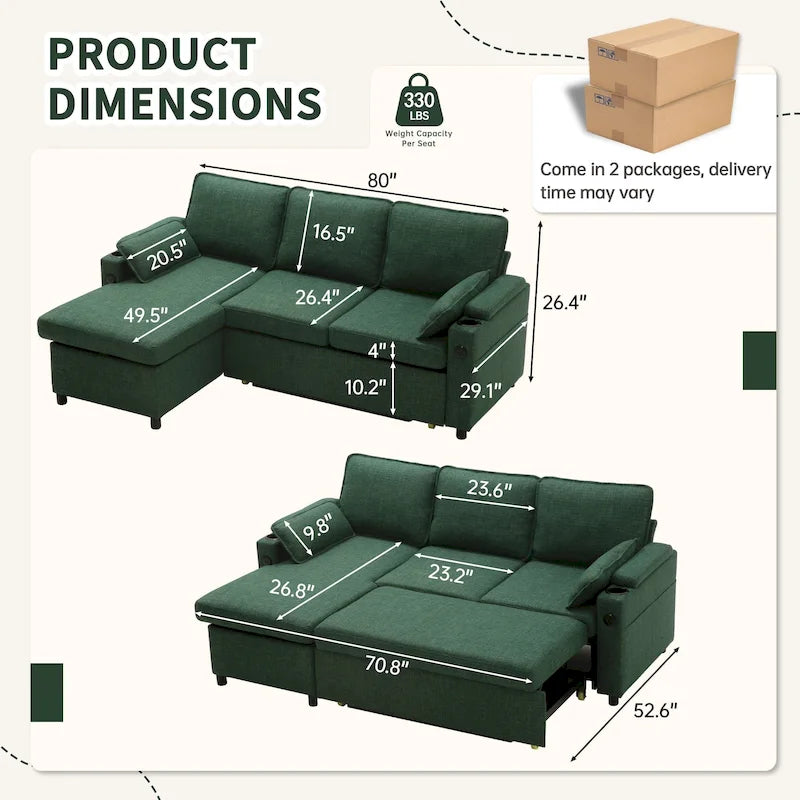 Modern Fabric Upholstered Sleeper Sofa with Pull-Out Bed and Storage