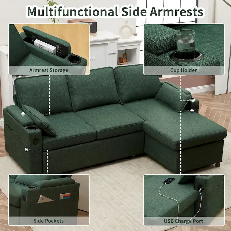 Modern Fabric Upholstered Sleeper Sofa with Pull-Out Bed and Storage