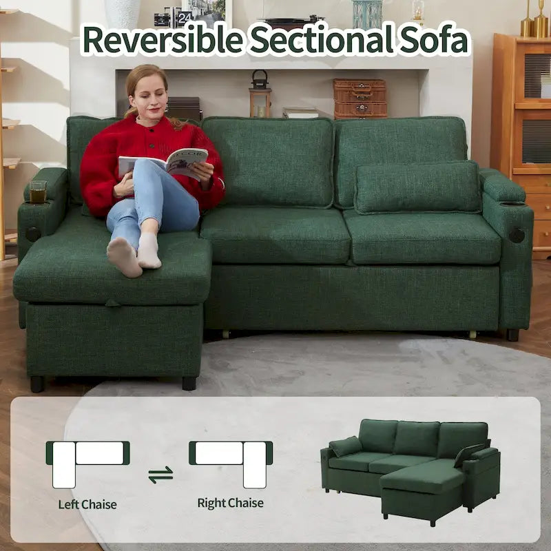 Modern Fabric Upholstered Sleeper Sofa with Pull-Out Bed and Storage
