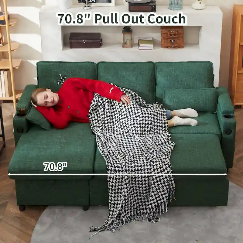 Modern Fabric Upholstered Sleeper Sofa with Pull-Out Bed and Storage