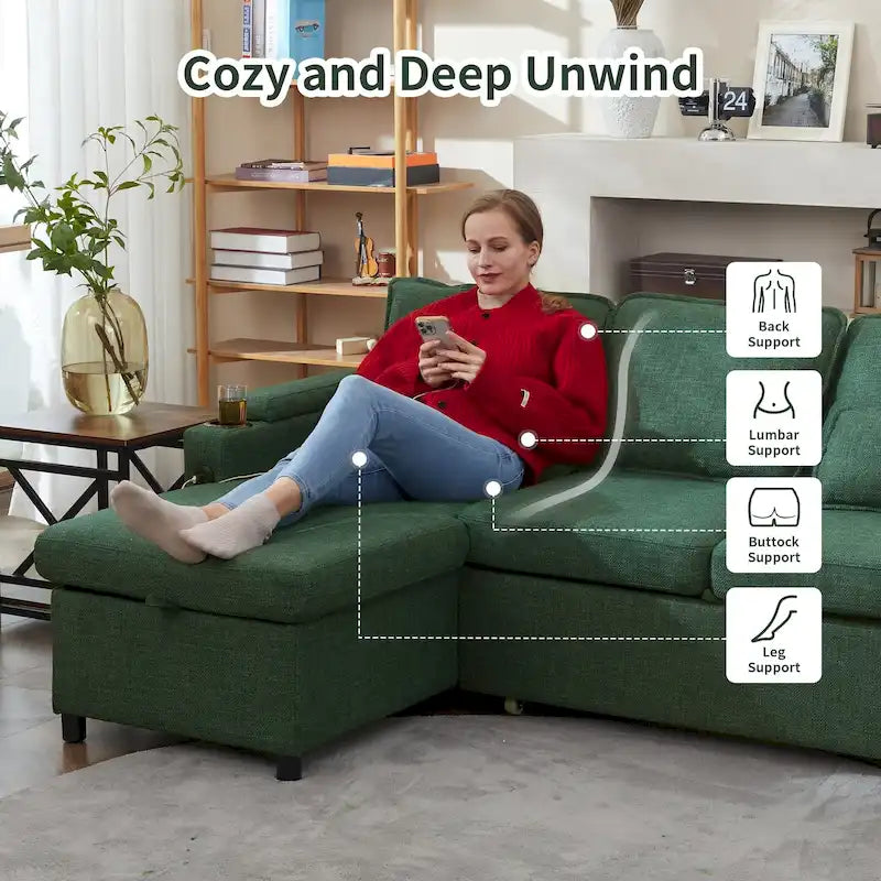 Modern Fabric Upholstered Sleeper Sofa with Pull-Out Bed and Storage