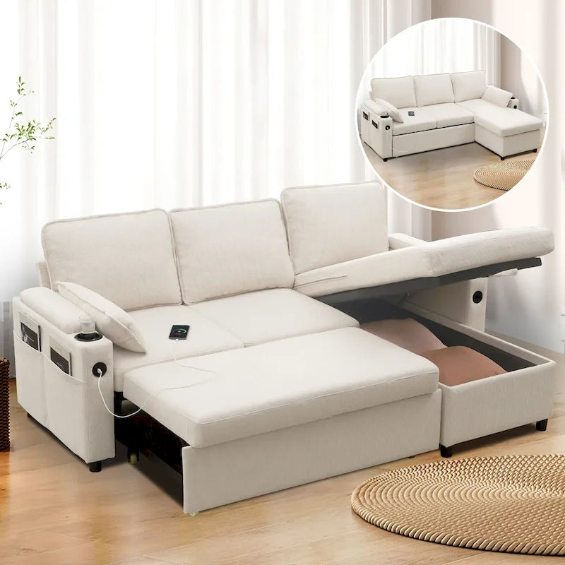 Modern Fabric Upholstered Sleeper Sofa with Pull-Out Bed and Storage