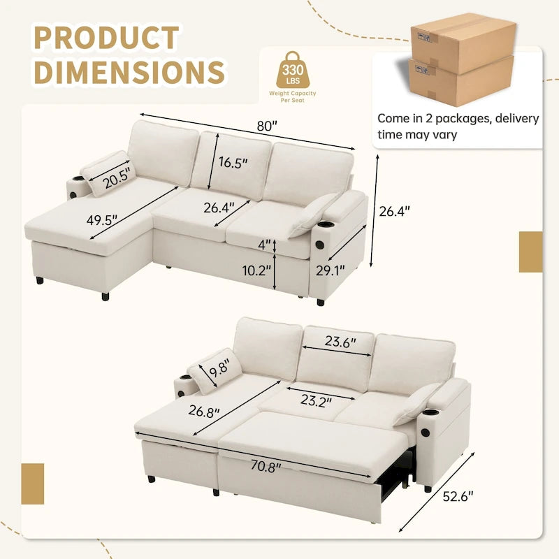 Modern Fabric Upholstered Sleeper Sofa with Pull-Out Bed and Storage