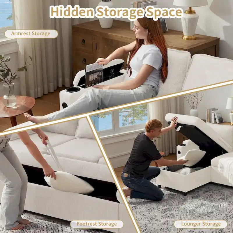 Modern Fabric Upholstered Sleeper Sofa with Pull-Out Bed and Storage